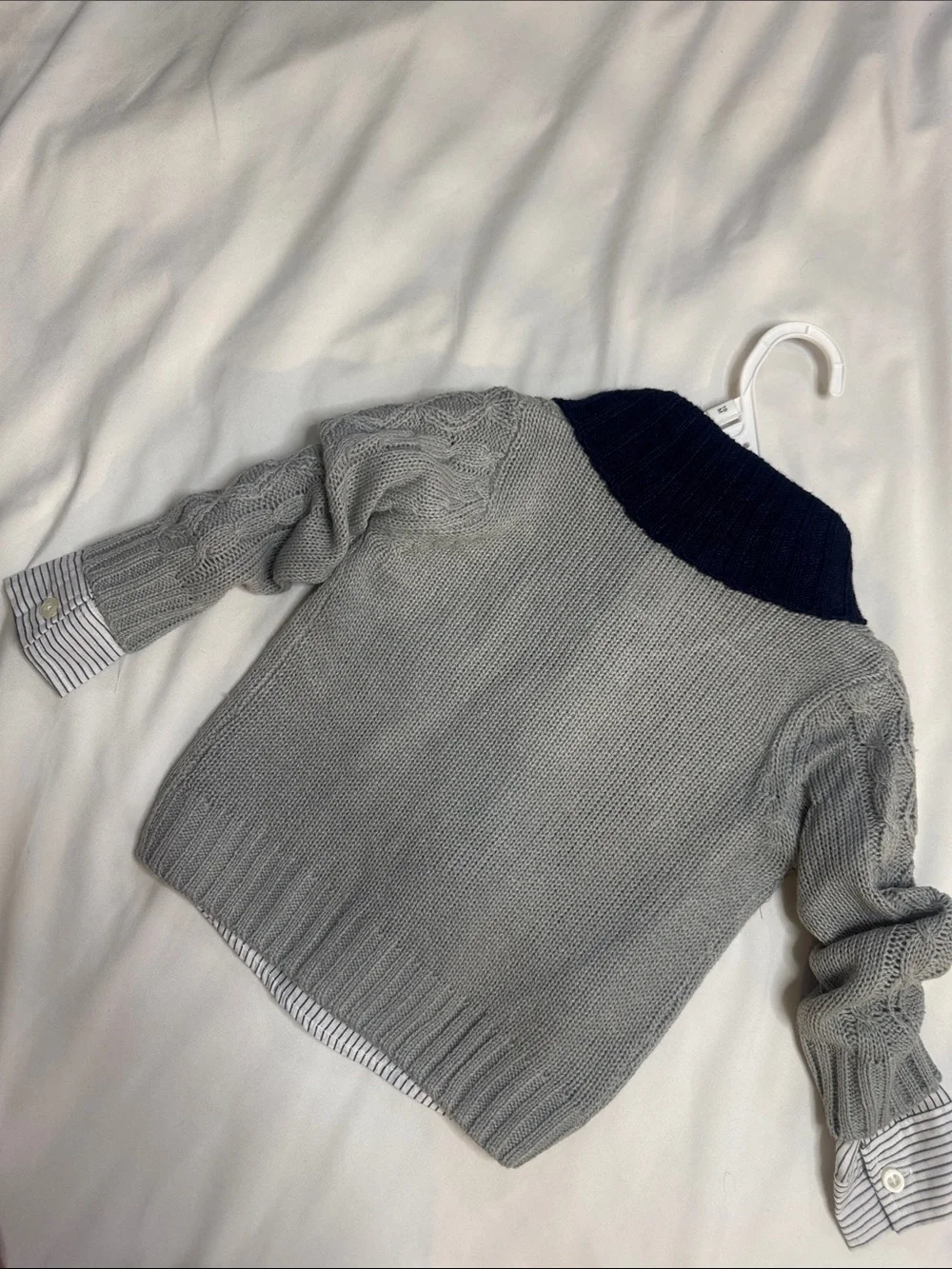 Little One 3 piece set:Gray Cable Knit Cardigan with Navy Trim